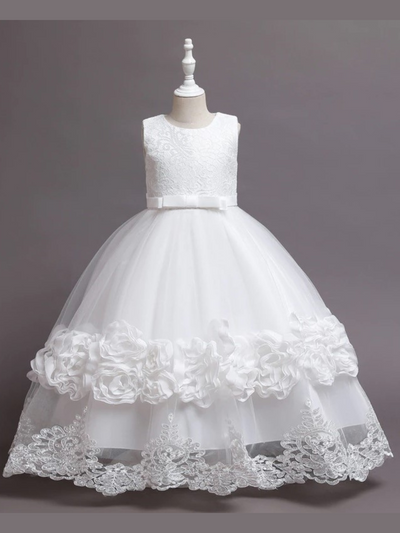 Girls Communion Dresses | White Floral Princess Belted Tiered Dress