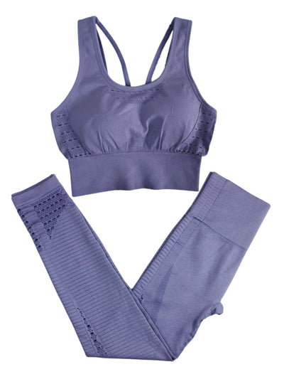 Womens Seamless Perforated Strappy Sports Bra with Matching Leggings Set - Lavender / S - Womens Activewear