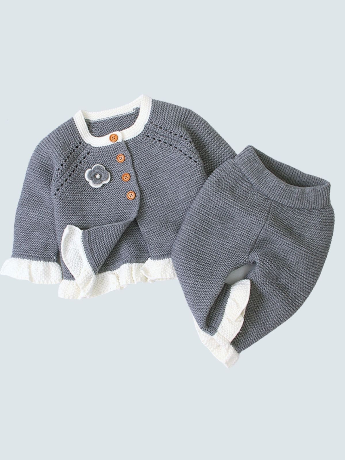 Baby "You're the Knit Girl" Ruffle Long Sleeve Sweater and Pants Set Grey