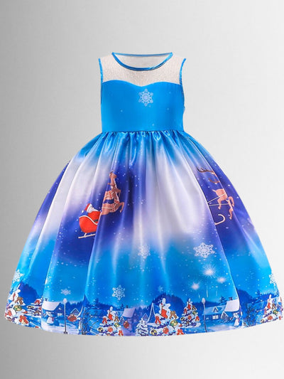 Girls Christmas Dresses | Sleeveless Santa Scene Print Holiday Gown