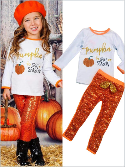 Little girls fall long-sleeve "Pumpkin Spice Season" glitter graphic top with sequin mesh leggings finished with a bow - Mia Belle Girls