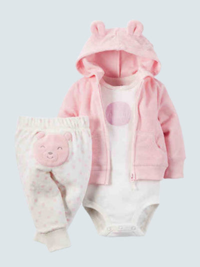 Baby Happy Bear Bottom Hooded Jacket, Onesie, And Legging Set Pink