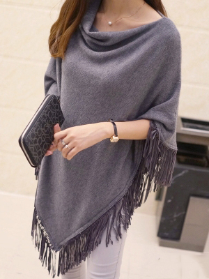 Women's Picturesque Fringe Poncho Sweater Grey