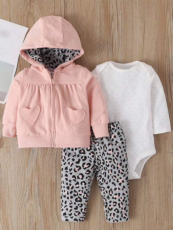Baby Polka Dot Leopard Print Long Sleeve Onesie, Hooded Jacket, And Legging Set