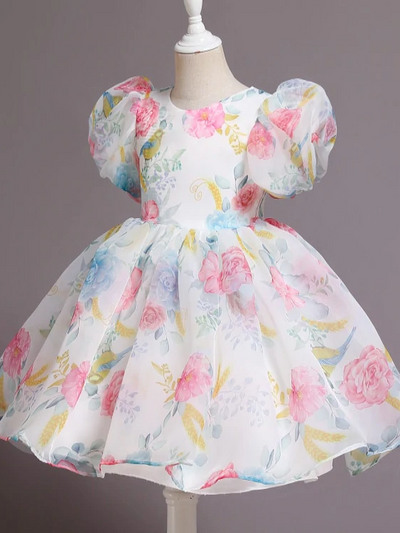 Spring Flower Girl Dresses | Puff Sleeve Floral Pleated Party Dress