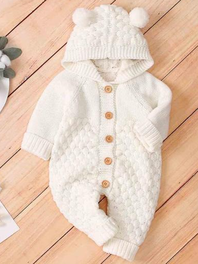 Baby Sweater Knit Fall Time Hooded Button Down Onesie White