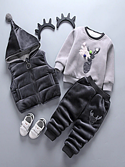 Baby Ready To Sleigh Reindeer Sweater, Hooded Vest, and Pants Set - Black