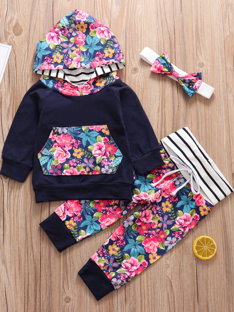 Baby Autumn Floral Fun Hooded Sweater, Legging, And Headband Set Navy