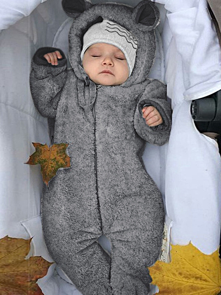 Baby hooded jumpsuit/onesie with little ears on the hood, front zipper closure, and footies
