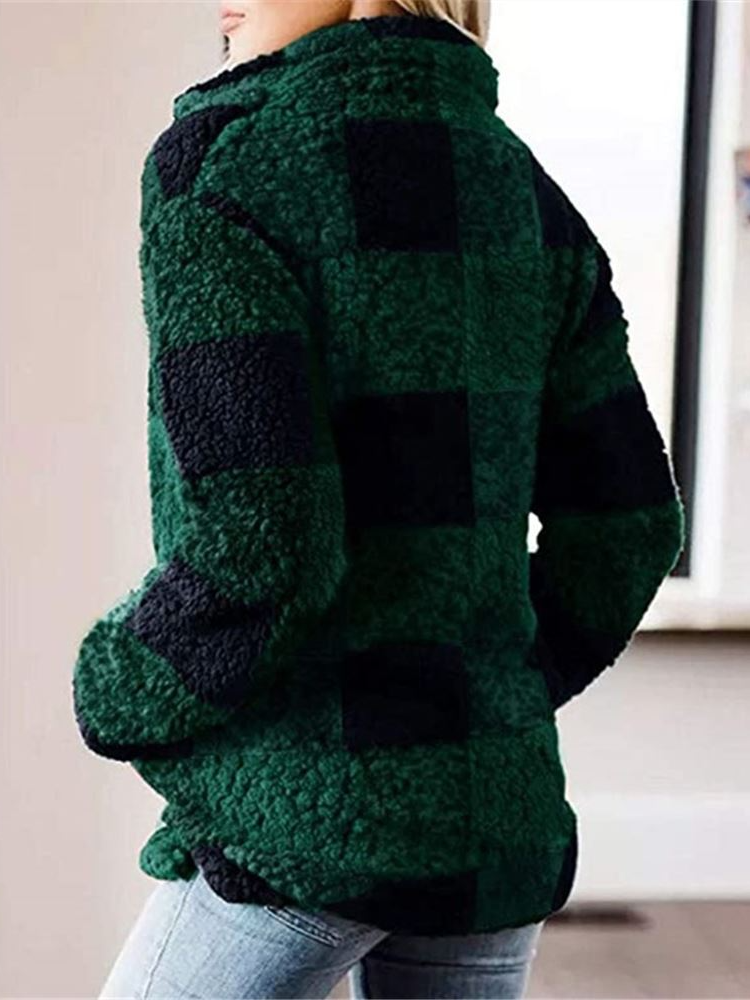 Women's 'Plush Plaid Please' Quarter-Zip Pullover Sweater Green