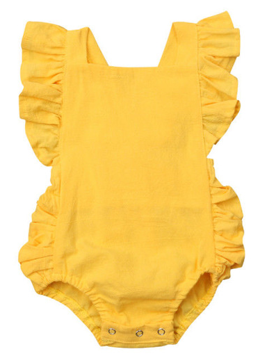 Baby onesie has cute little shoulder ruffles and ruffles on the side. Overall style with strap closure at the back yellow