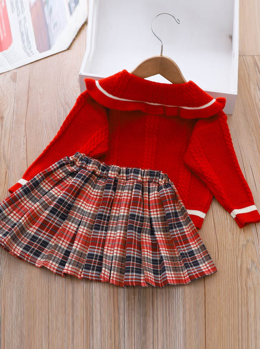 Smart Girls Rule Red Knit Sweater and Checkered Skirt Set