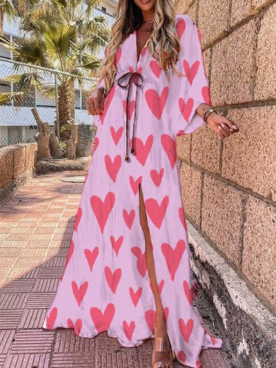Women's Heart Print Swimsuit Kimono Maxi Cover Up