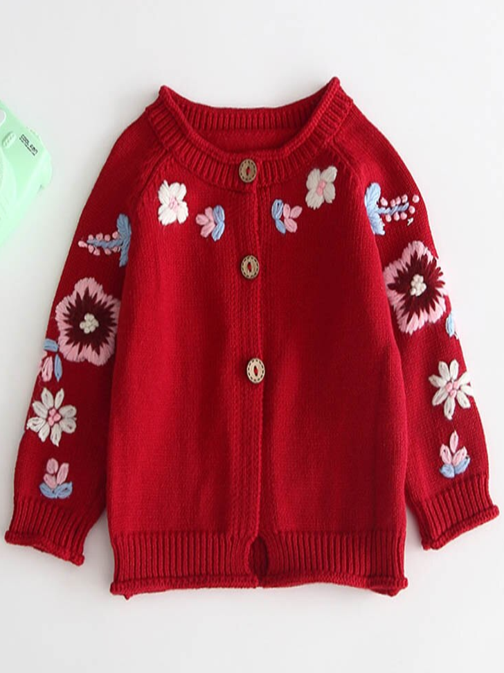 Baby Embroidered Angel Floral Knit Half-Button Cardigan - Red