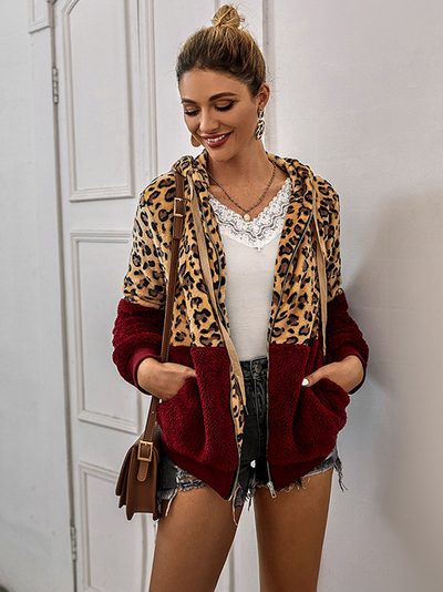 Women's Lady Leopard Print Plush Full-Zip Hooded Sweater Burgundy