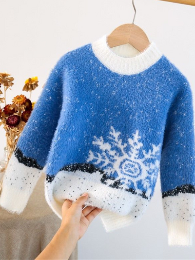 Girls Comfy And Cozy Fuzzy Snowflake Sweater - Blue
