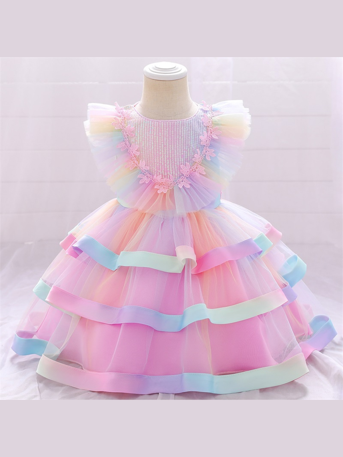 Girls Formal Dresses | Pastel Rainbow Tiered Ruffle Tulle Dress