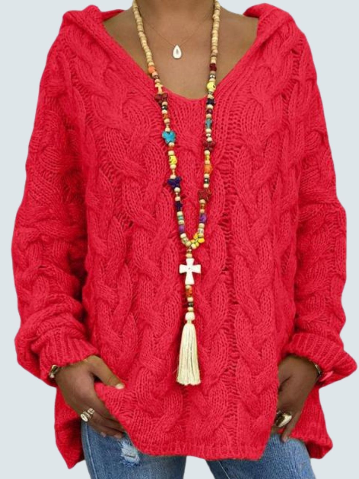 Women's Braid Knit Long Sleeve Hooded Sweater Coral
