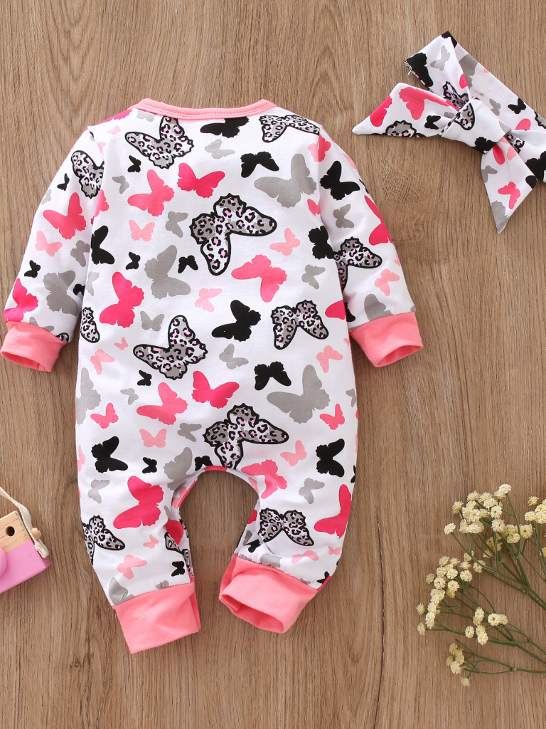 Baby Leopard Print Butterfly Long Sleeve Romper Onesie With Bow Headband Pink