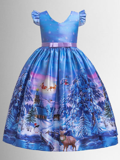 Girls Christmas Dresses | Winter Scene Holiday Print Princess Dress 