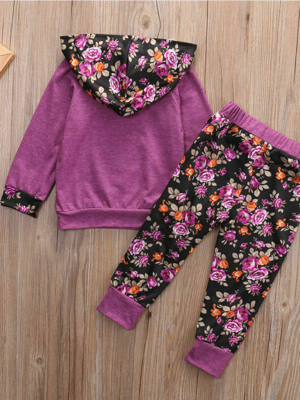 Baby Active Angel Floral Hooded Long Sleeve Top And Pants Set Purple