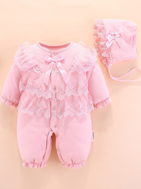 Baby Little Lace Lady  Onesie With Bonnet Set Pink
