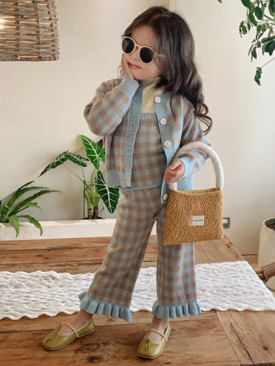 Mia Belle Girls Blue Plaid 3-Piece Knit Set | Girls Elevated Casual