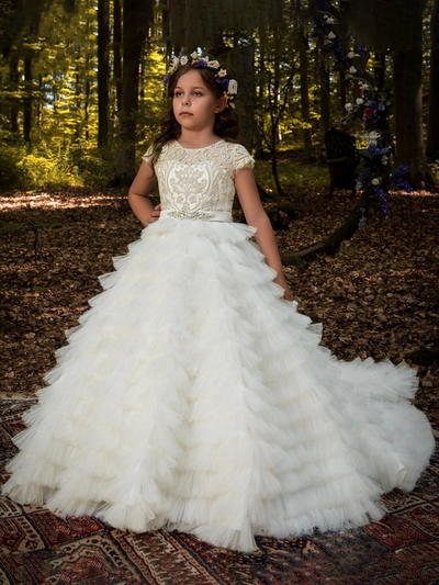 Girls Communion Dresses | Embellished Bodice Belted Bouffant Gown