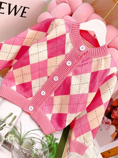 Mia Belle Girls Pink Argyle Knit Cardigan | Girls Sweaters