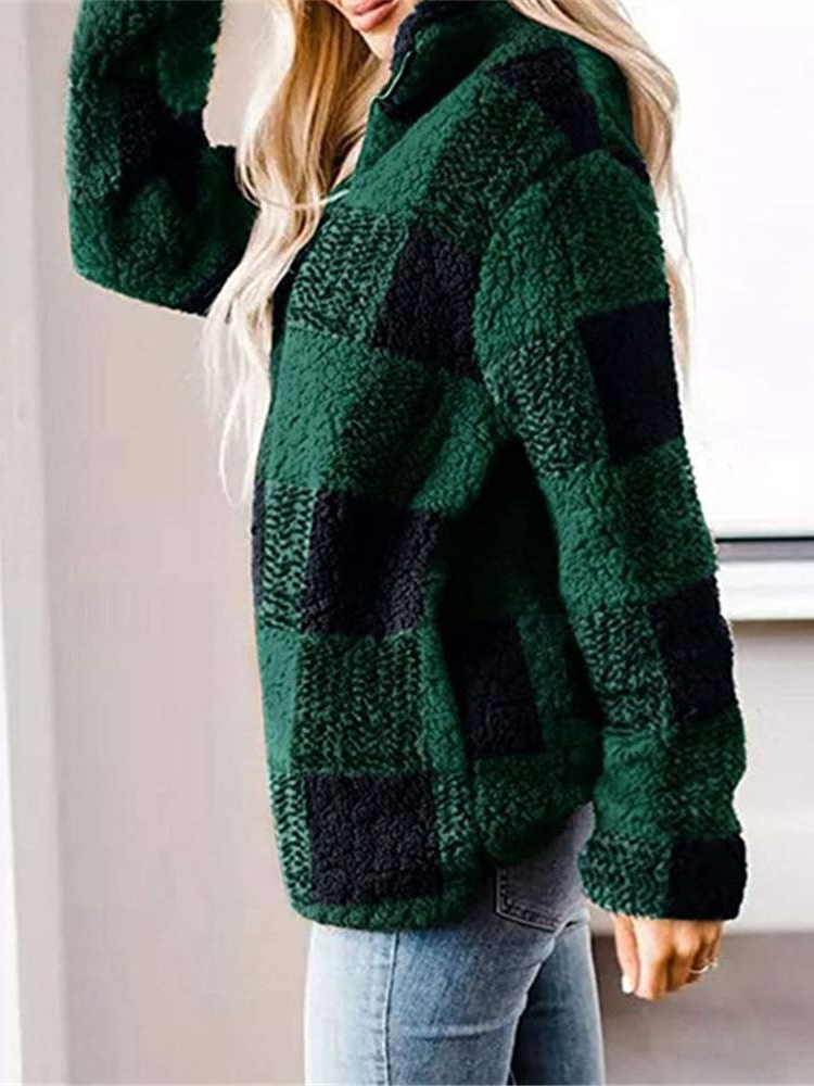 Women's 'Plush Plaid Please' Quarter-Zip Pullover Sweater Green