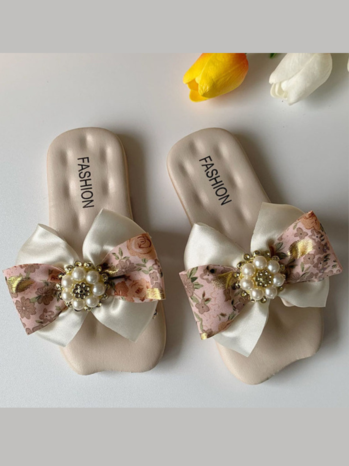 Shoes By Liv & Mia | Girls Pearled Floral Bow Slippers | Kids Shoes