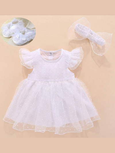 Baby Spring swiss tulle dress was little ruffles on the shoulder and a built-in romper with snap closure at the bottom. Comes with a matching bow headband and shoes White