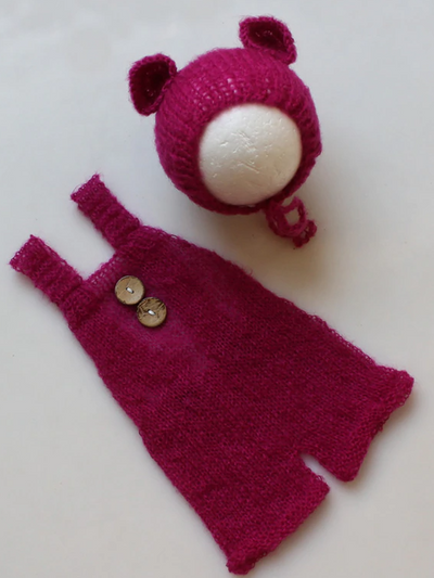 Babies Knitted onesie with cap with ears-burgundy 