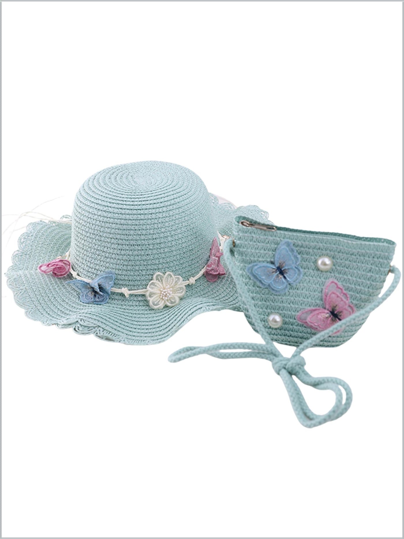 Girls Straw Hat & Purse Set -Blue | Girls Accessories - Mia Belle Girls