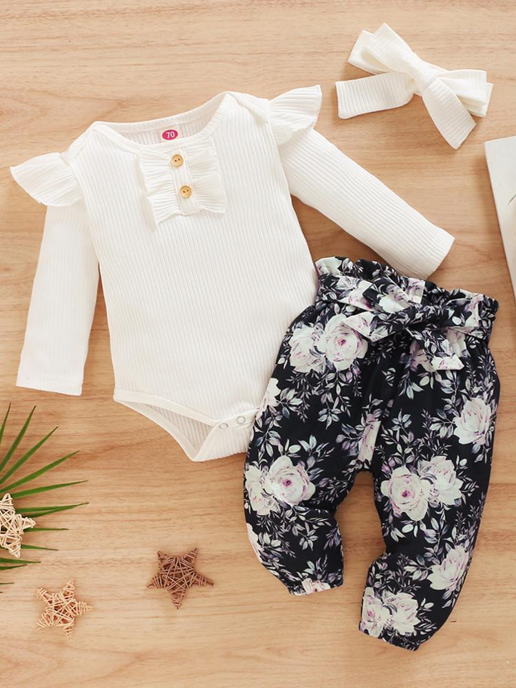 Baby Floral Pants Please 3 Piece Romper And Leggings Set White