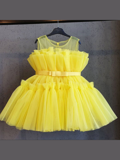 Little Girls Formal Dresses | Yellow Ruffle Tulle Belted Party Dress