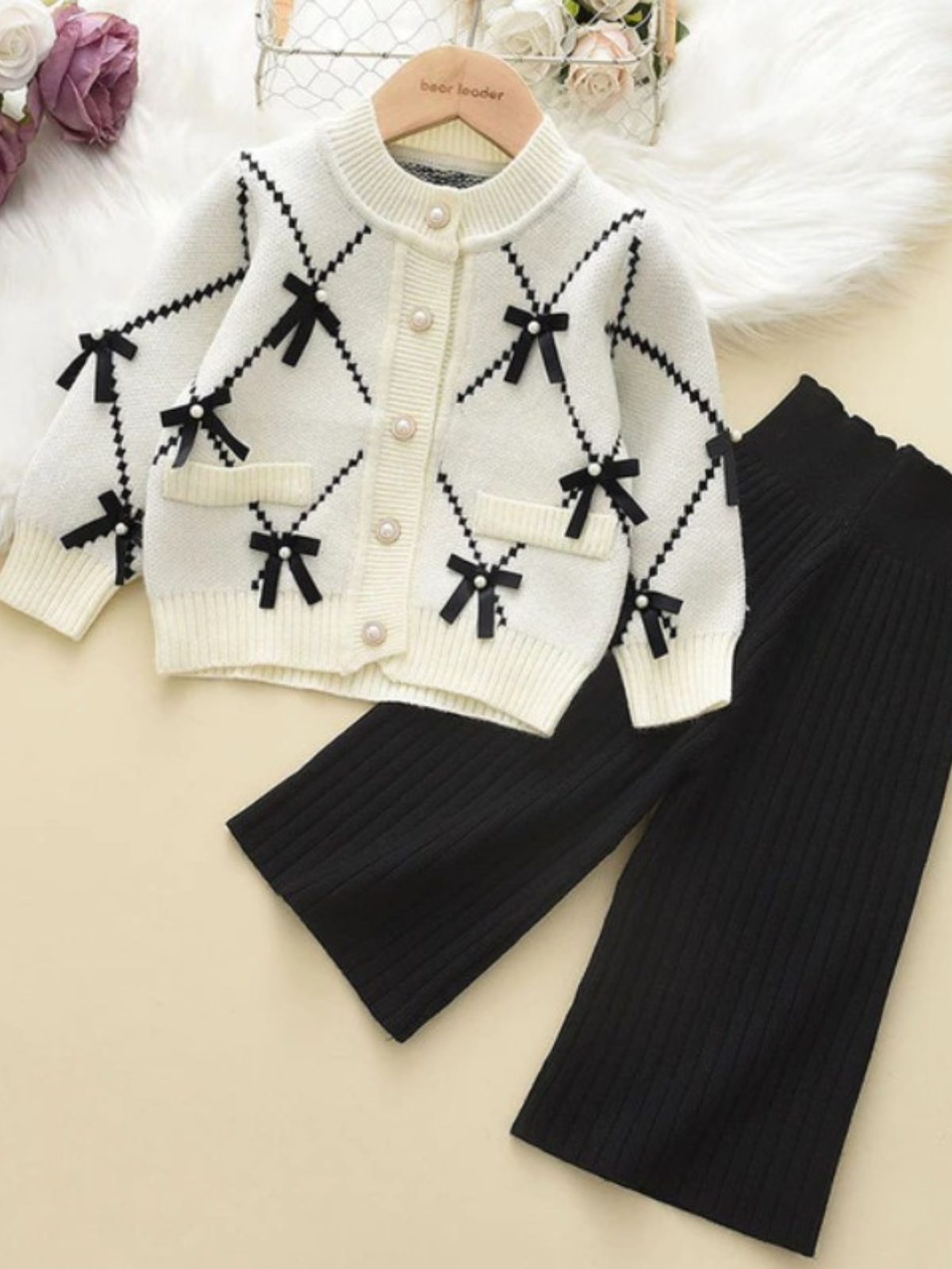 Darling Fashionista Bow-Embellished Sweater And Pants Set