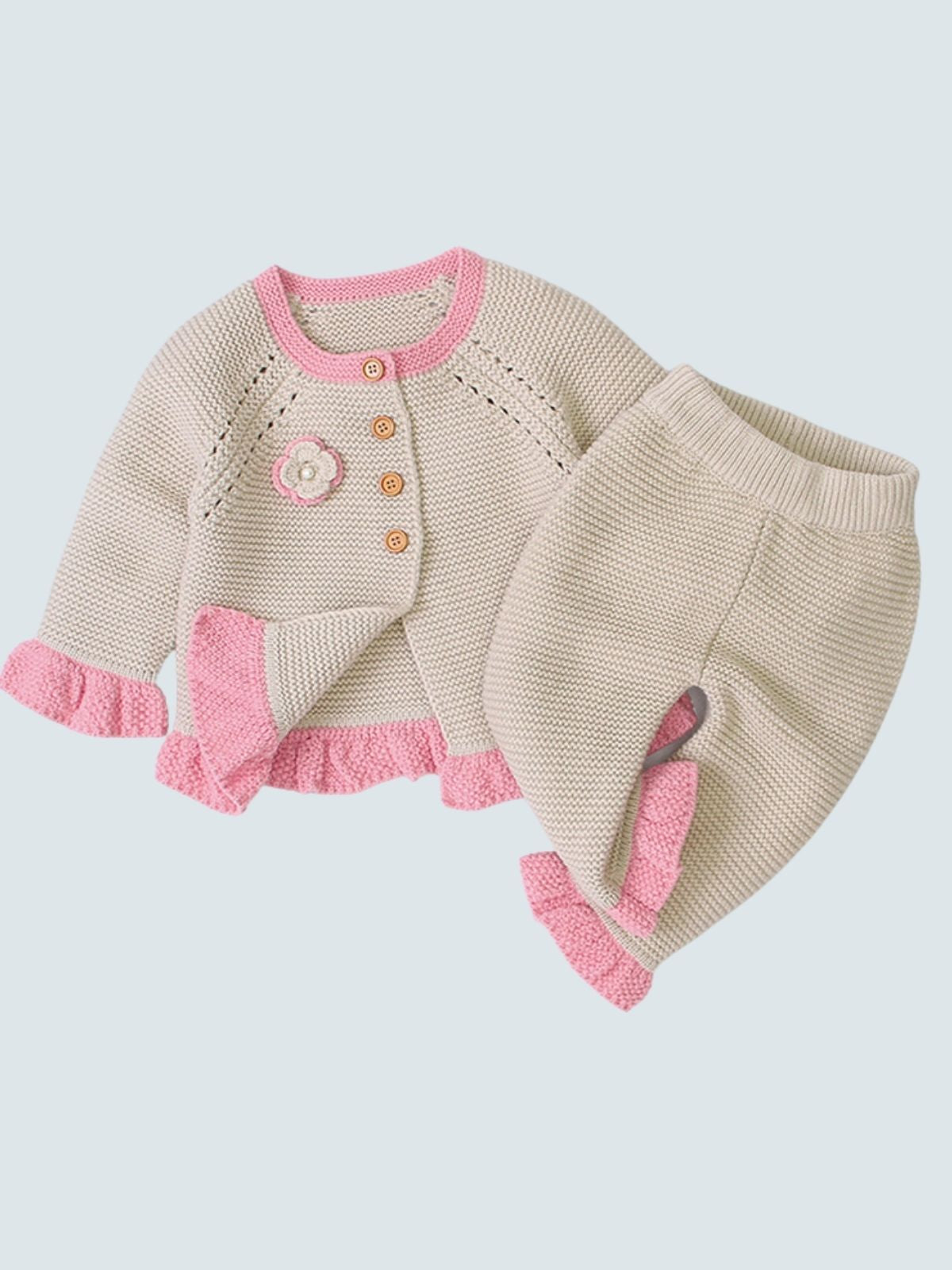 Baby "You're the Knit Girl" Ruffle Long Sleeve Sweater and Pants Set Beige