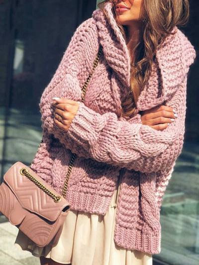 Women's Chills Begone Braid Knit Hooded Cardigan Pink