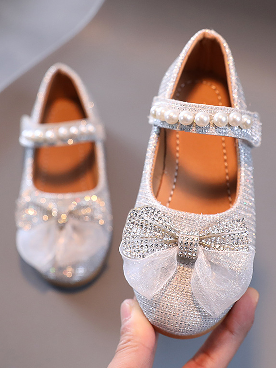 Girls Pearls and Bow Mary Jane Flats By Liv and Mia - Silver - Girls Shoes