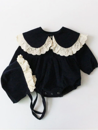 Baby Peter Pan Lace Princess Long Sleeve Onesie with Bonnet Cap Navy