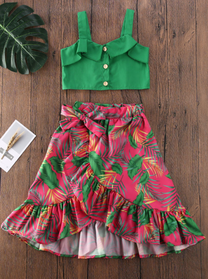 Kids Resort Wear | Girls Cropped Top & Tropical Hi-Lo Wrap Skirt 