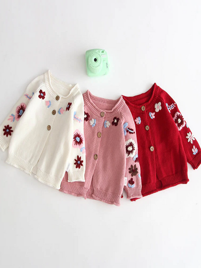 Baby Embroidered Angel Floral Knit Half-Button Cardigan