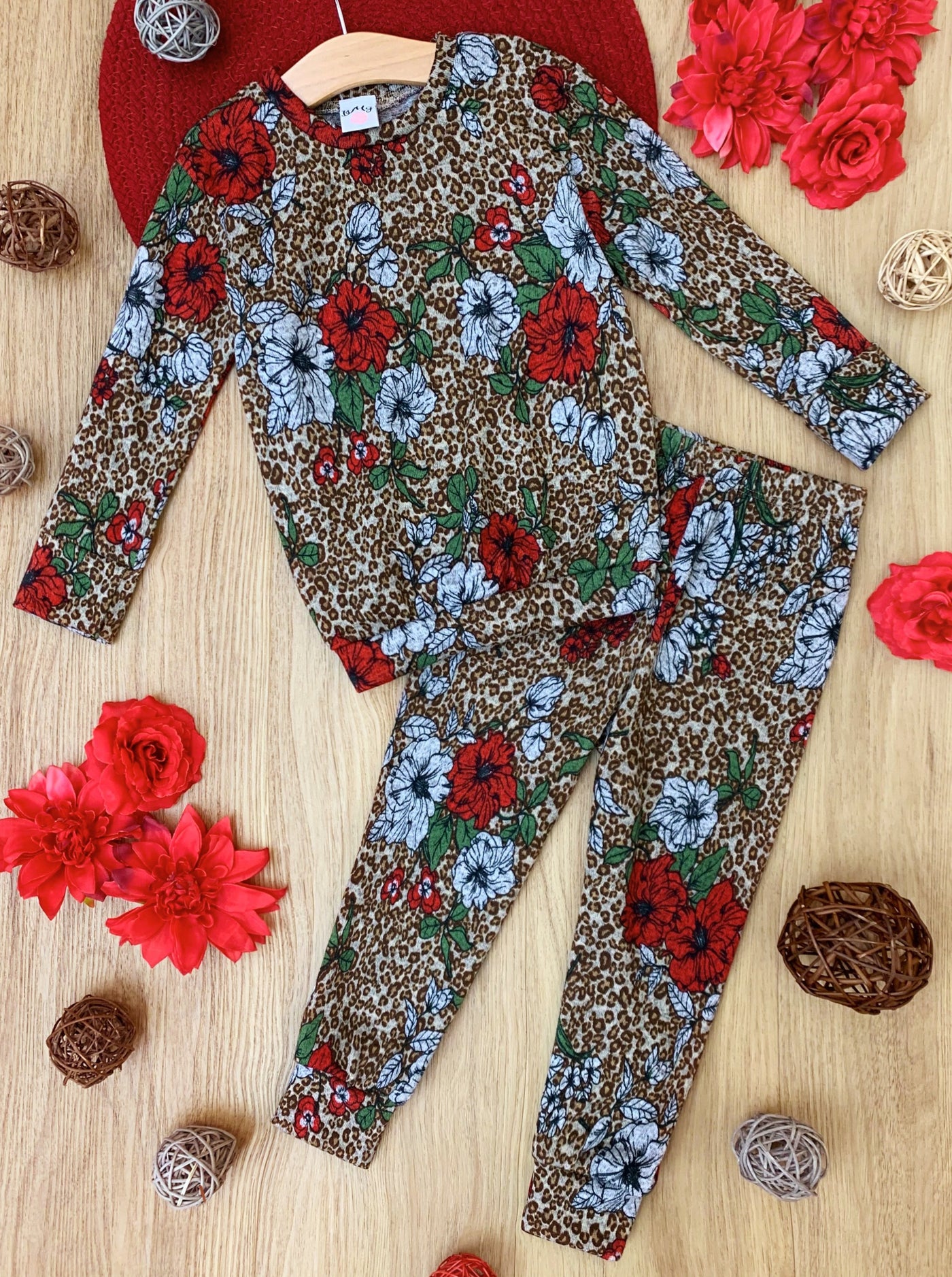 Cute Winter Sets  | Girls Leopard Floral Print Jogger Loungewear Set