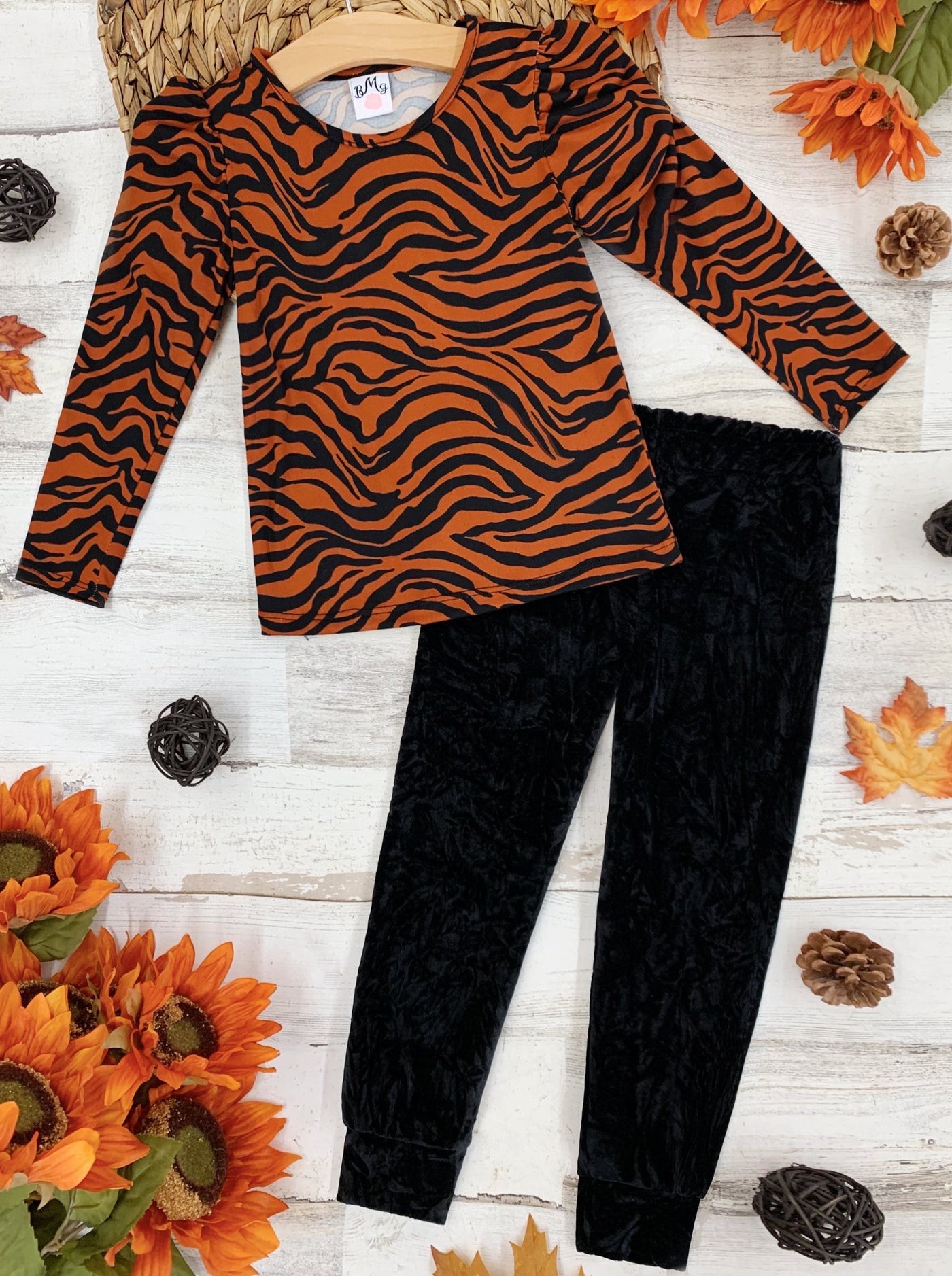 Fall Outfits | Tiger Print Capped Sleeve Top & Velvet Jogger Pants Set