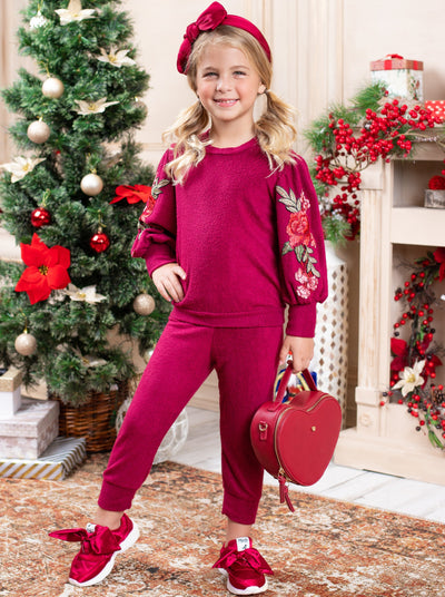 Cute Winter Sets | Girls Floral Embroidered Puff Sleeve Jogger Set