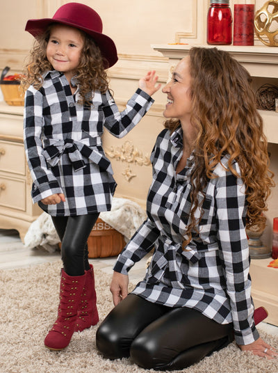 Girls Let's Play Checkers Plaid Belted Shirt with Legging Set