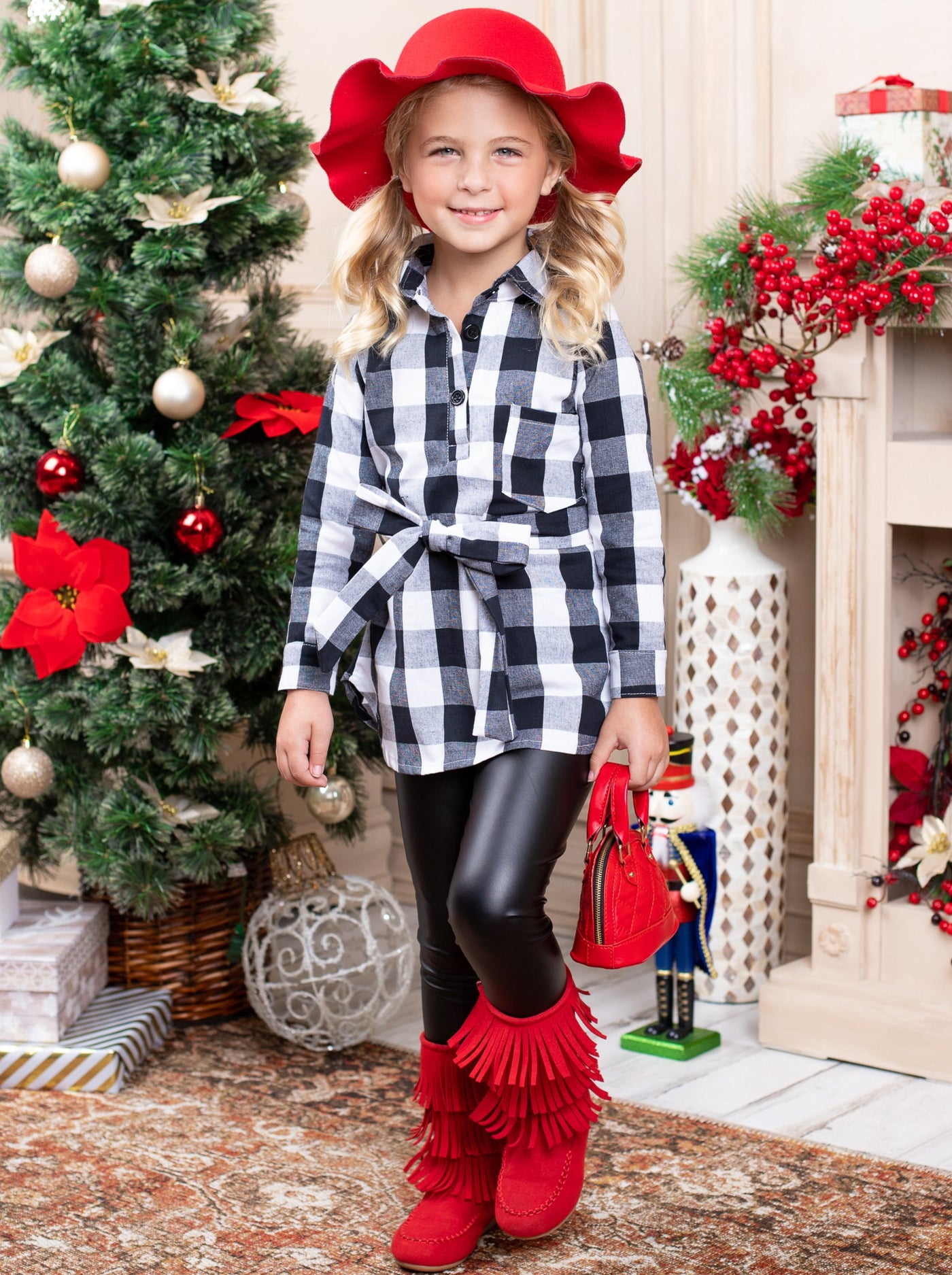 Mommy and Me Let's Play Checkers Plaid Belted Shirt with Vegan Leather Legging Set