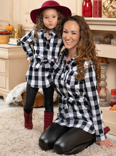 Mommy and Me Let's Play Checkers Plaid Belted Shirt with Legging Set