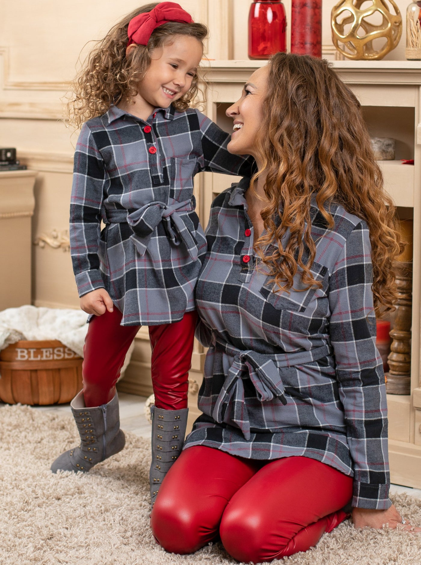 Mommy and Me Matching Outfit | Plaid Tunic & Vegan Leather Legging Set